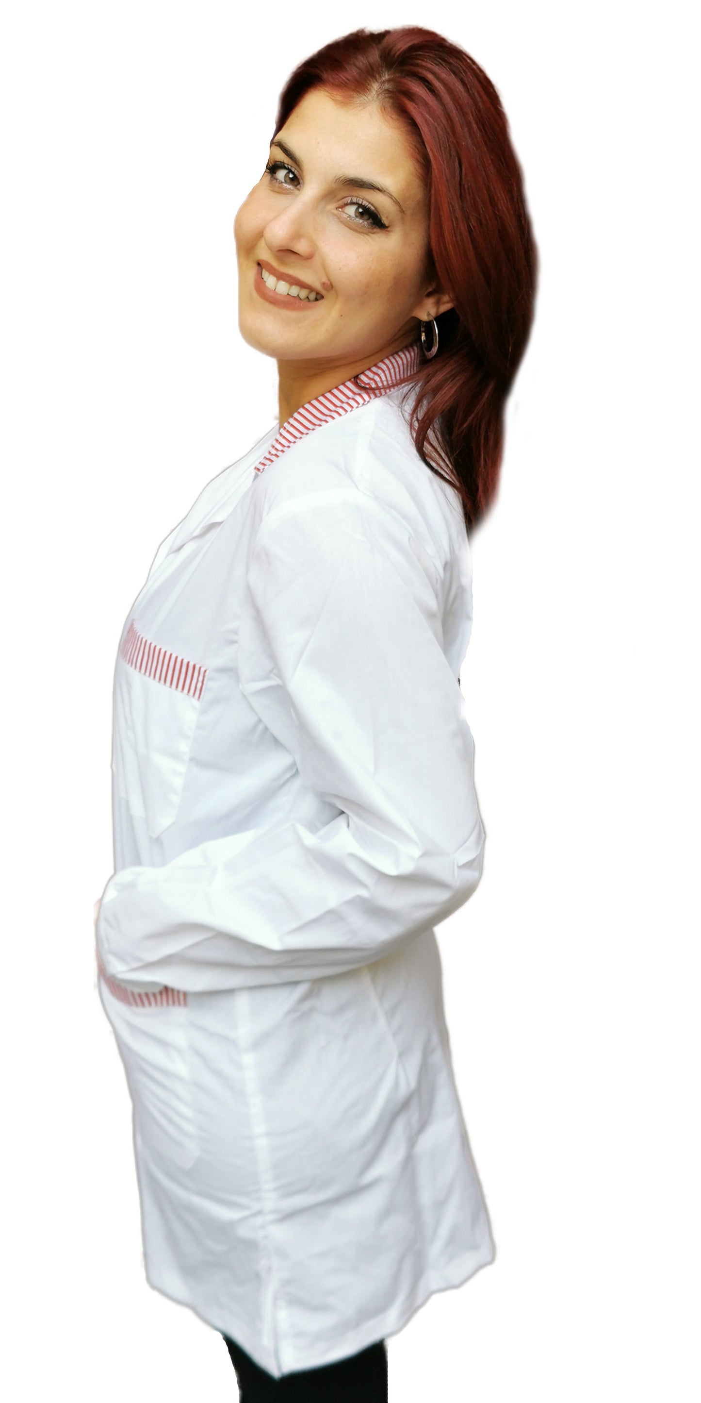 camice da lavoro,casacca donna bianco profilo rosso ML corto cod: 7234