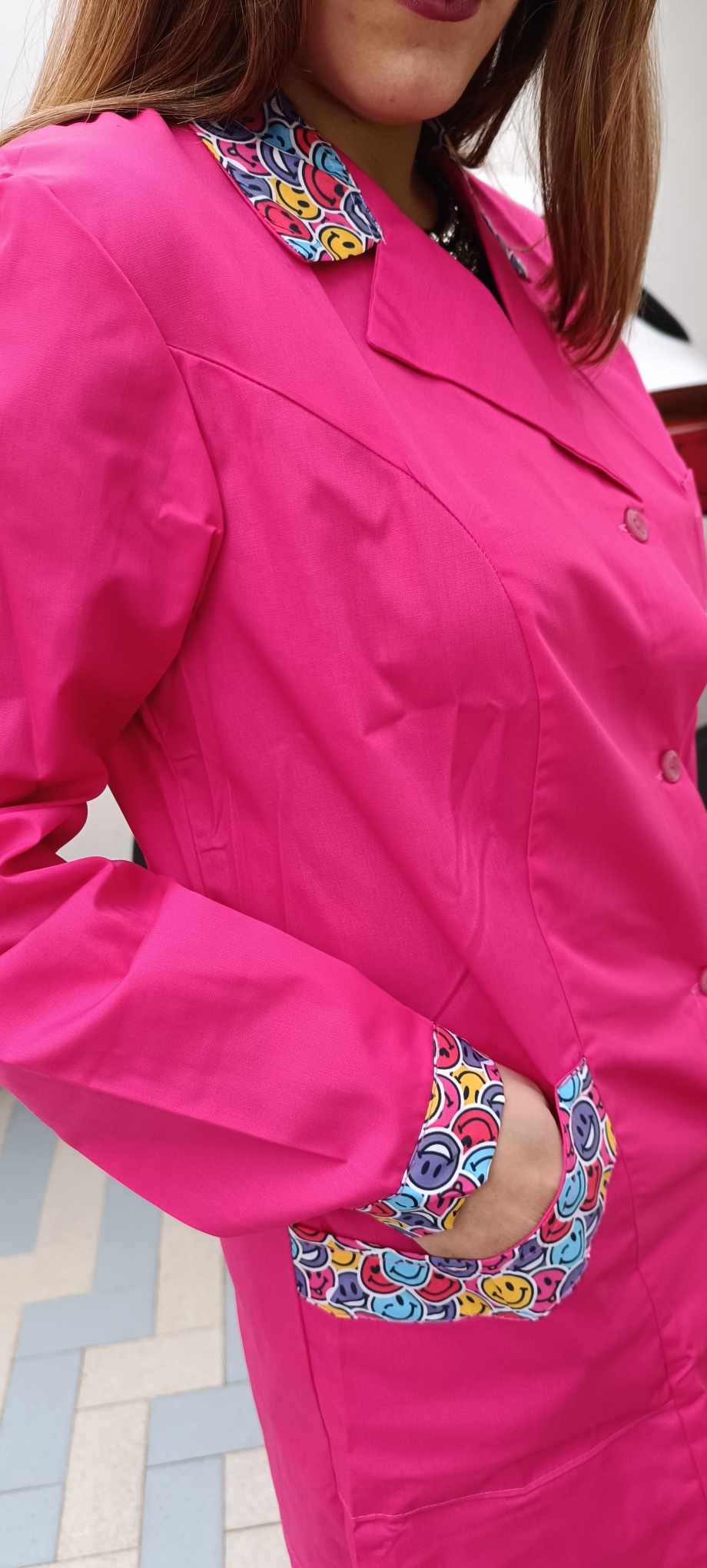 Camice da lavoro donna,casacca slim, "fuchsia inserto smile" cod: 13121