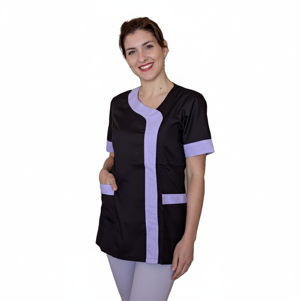 Camice,casacca da lavoro donna mod beauty, Nero inserto Lilla 2401
