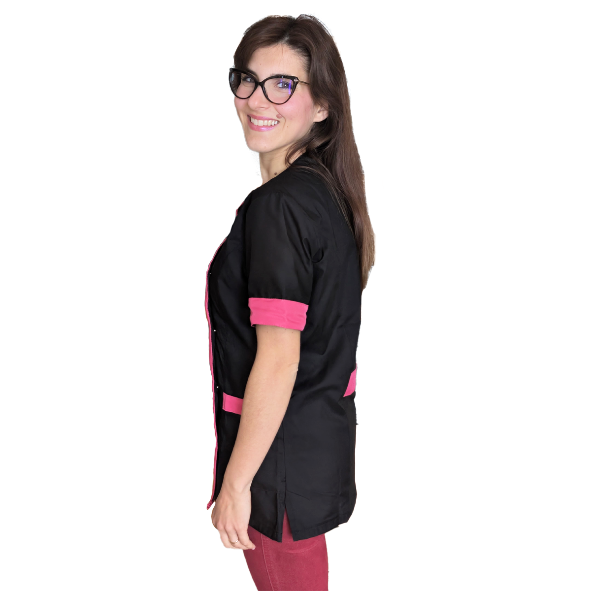 Camice,casacca da lavoro donna mod beauty, Nero inserto fuchsia Cod: 290720