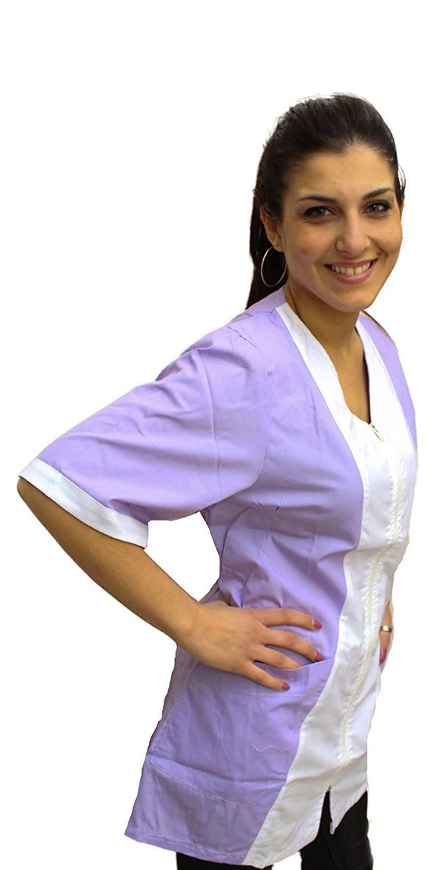 Casacca,camice da lavoro donna,zip, bicolore,mezza manica "glicine" cod: 2606