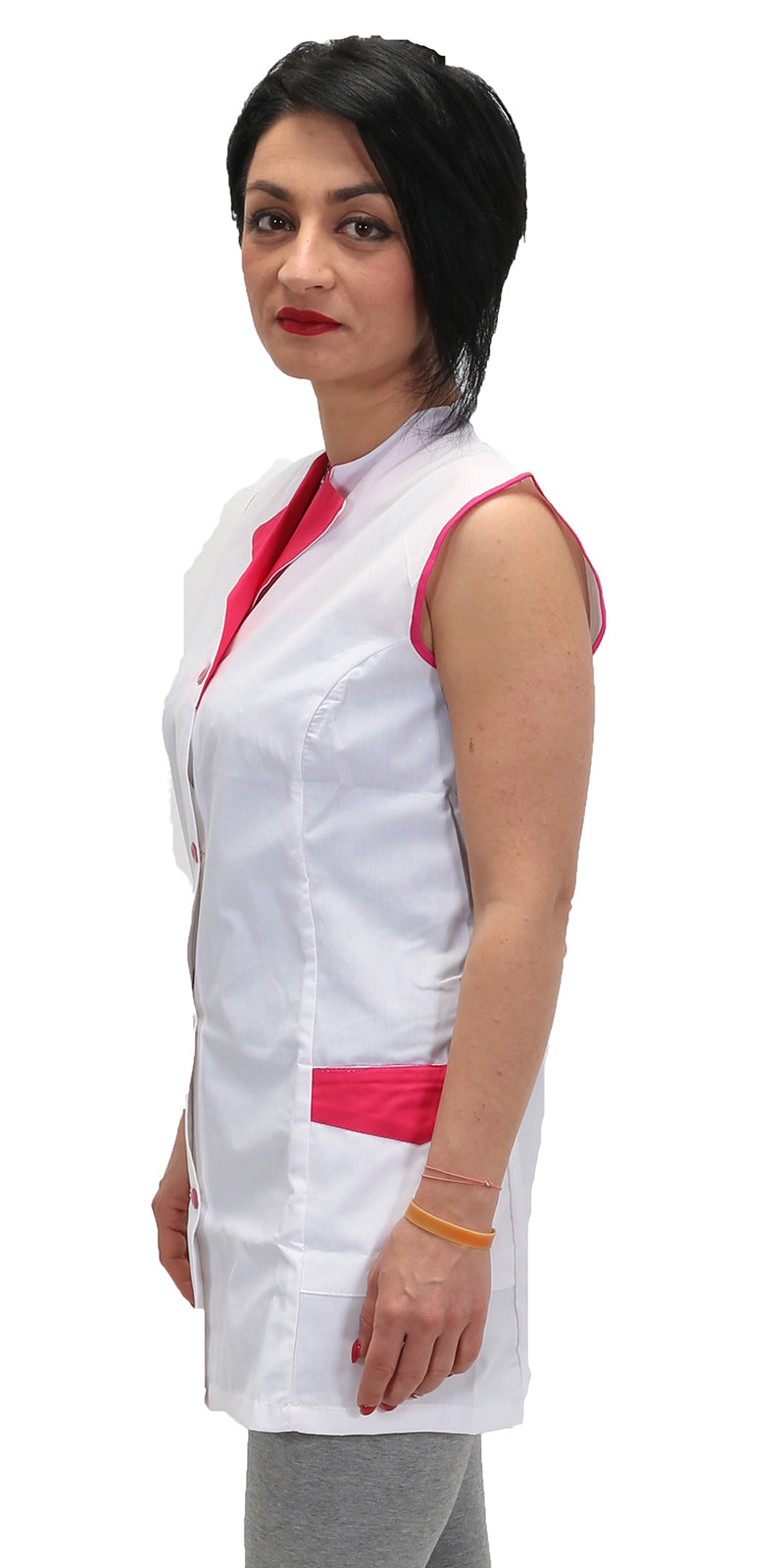Casacca,camice da lavoro giromanica, bianco inserto "fuchsia" Cod:7036