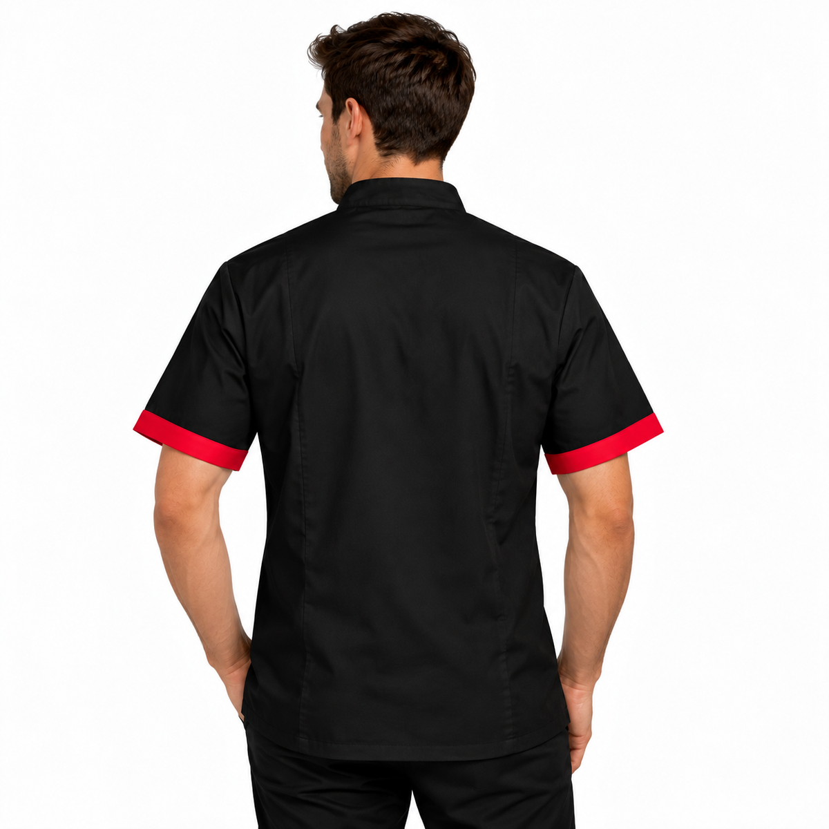 Giacca da chef 78524 nera con bordi rossi sulle maniche corte, vista posteriore.