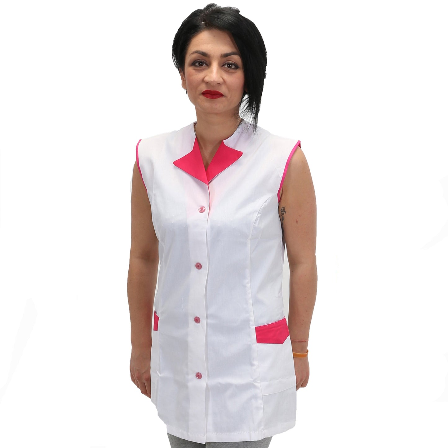 Casacca,camice da lavoro giromanica, bianco inserto "fuchsia" Cod:7036