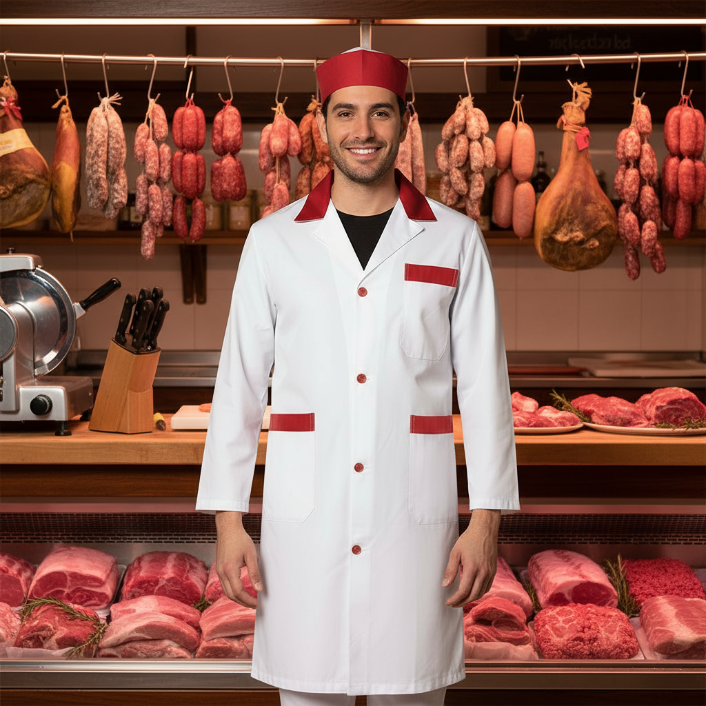 Camice da Lavoro Uomo Bianco con Profilo Rosso, Bottoni, Cotone Made in Italy – COD: 7968