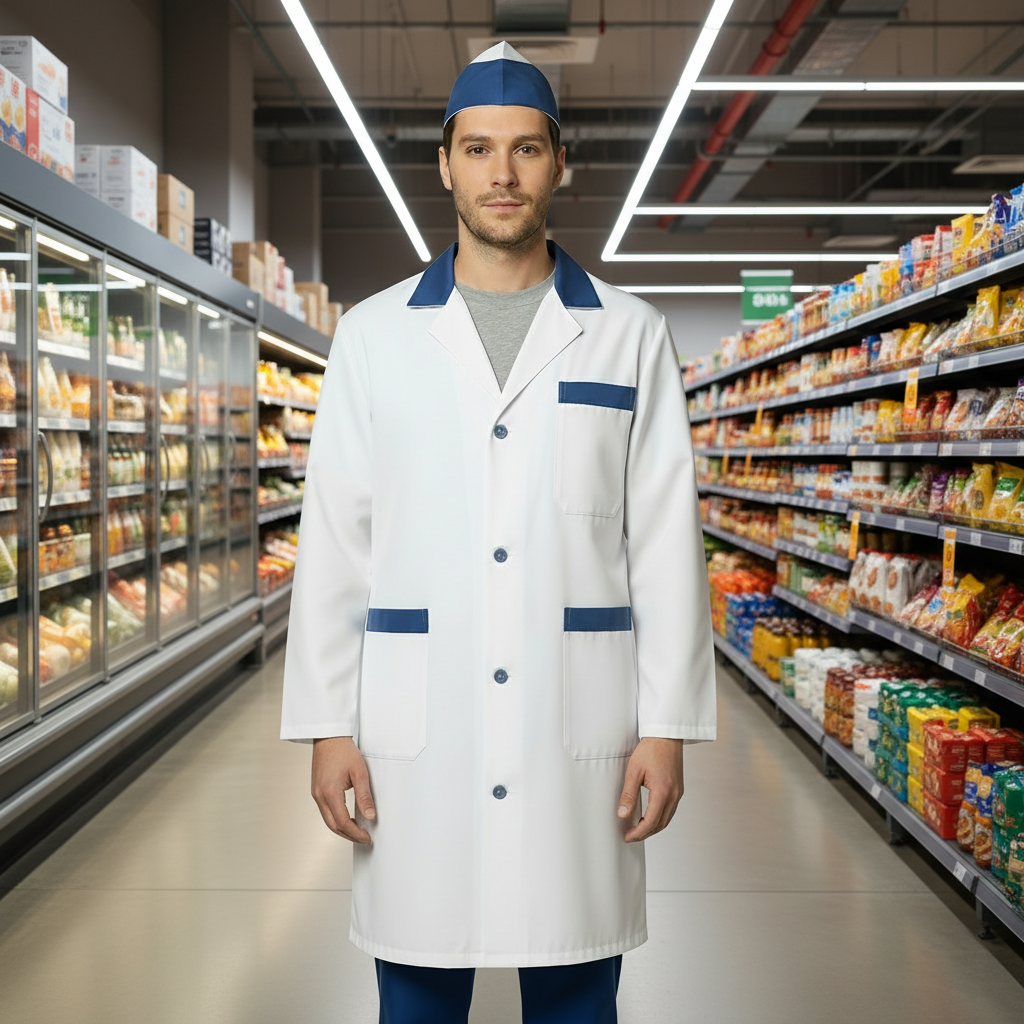 Camice da Lavoro Uomo Bianco con Profilo Blu Royal, Bottoni, Cotone Made in Italy – COD: 7970