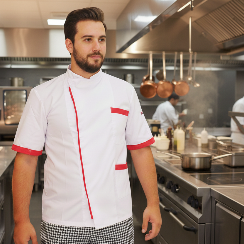 Giacca da Chef Bicolore Bianco-Rosso, Bottoni, Cotone Made in Italy – COD: 7852