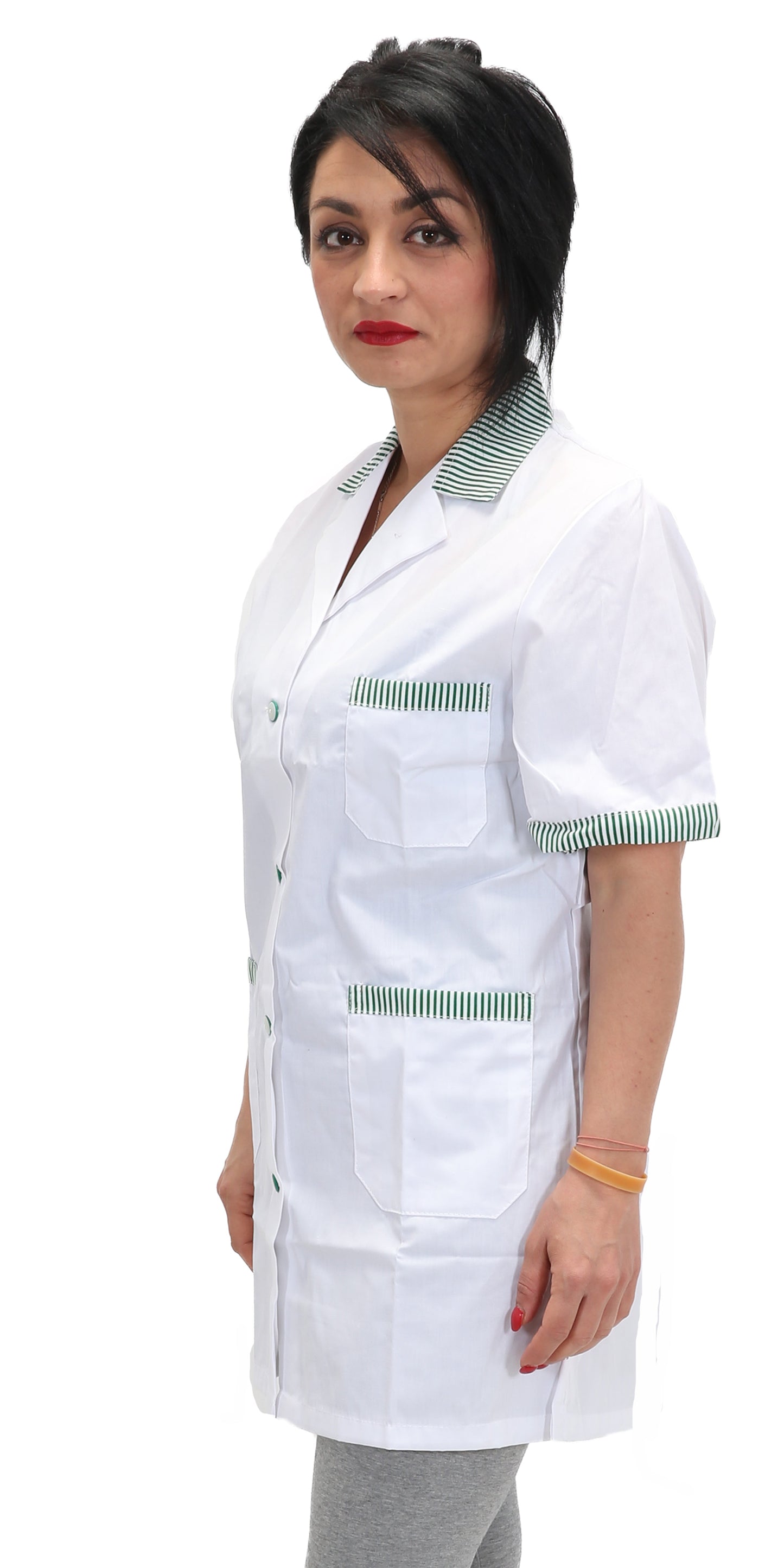 camice da lavoro,casacca donna bianco profilo verde MM corto cod: 7241