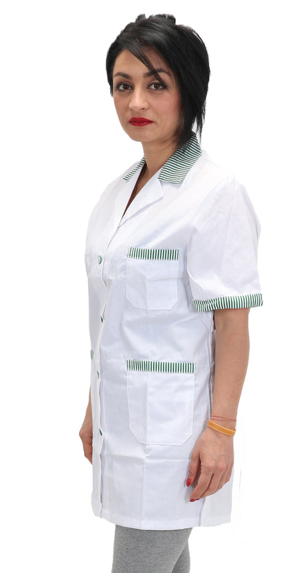 camice da lavoro,casacca donna bianco profilo verde MM corto cod: 7241
