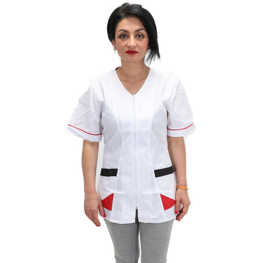 camice da lavoro,Casacca  bianca zip Bicolore mezza manica Cod:1306