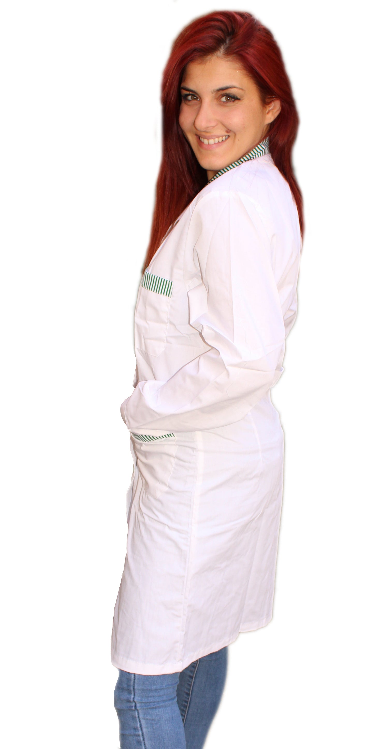 Camice da lavoro donna,lungo inserto verde,cod:7631