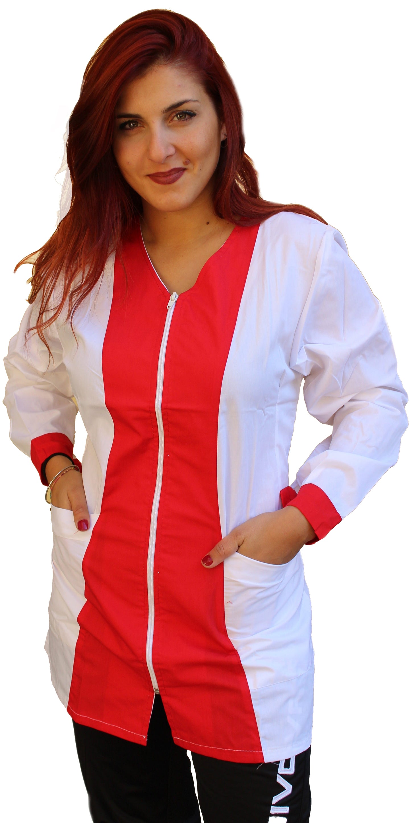 Casacca,camice da lavoro con zip, manica lunga bicolore "rosso" Cod:2206