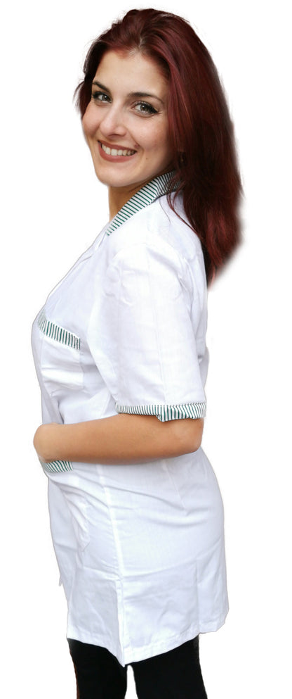 camice da lavoro,casacca donna bianco profilo verde MM corto cod: 7241