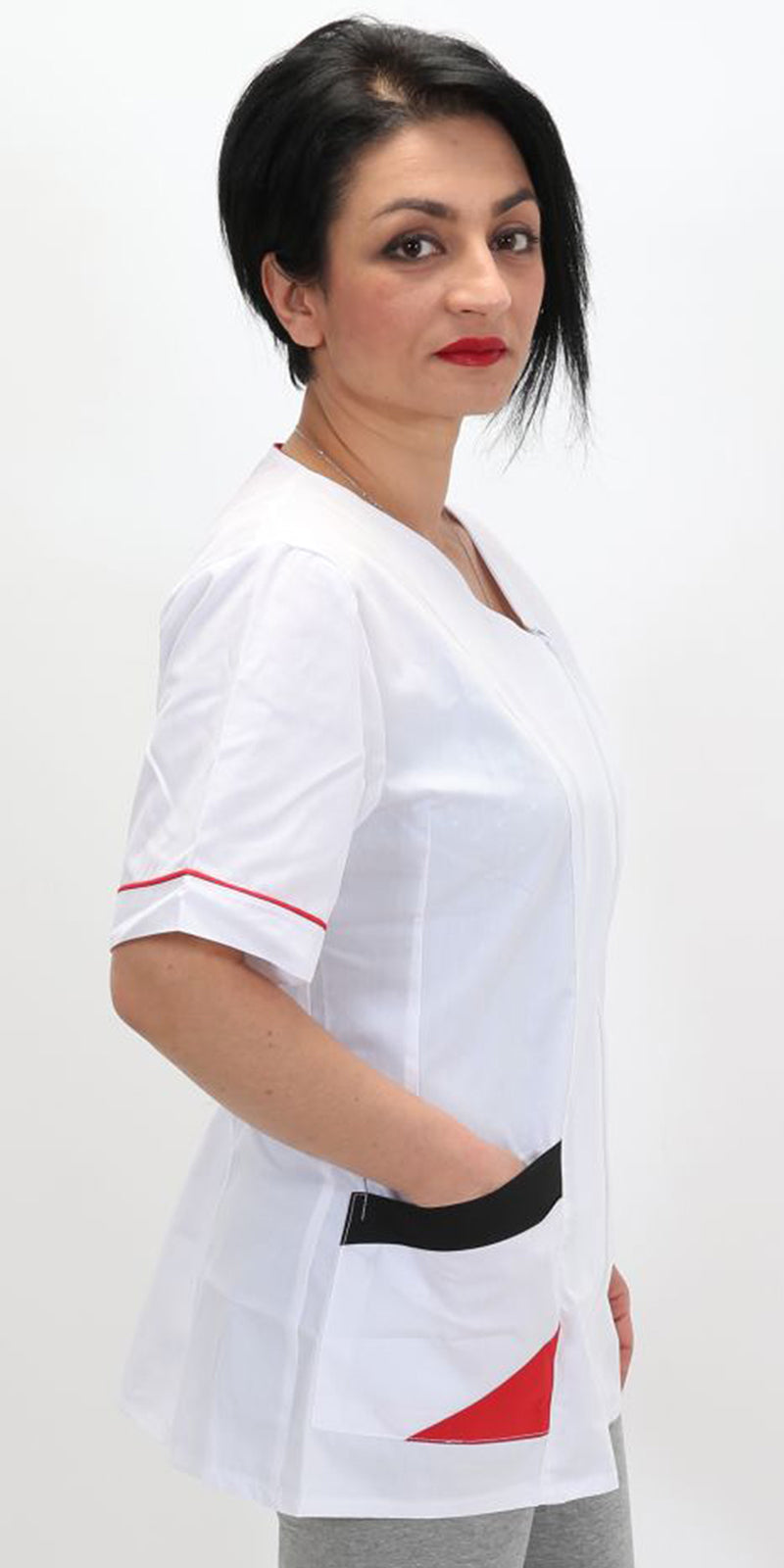 camice da lavoro,Casacca  bianca zip Bicolore mezza manica Cod:1306