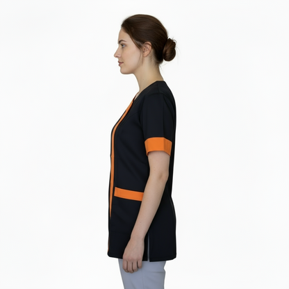 Camice,casacca da lavoro donna mod beauty, Nero inserto arancio  Cod: 27019