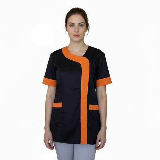 Camice da Lavoro Donna Mod. Beauty Nero Inserto Arancio, Made in Italy – COD: 27019