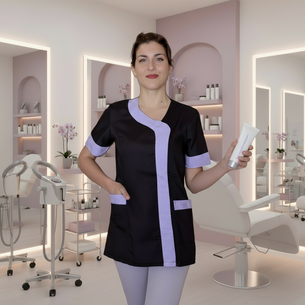 Camice,casacca da lavoro donna mod beauty, Nero inserto Lilla 2401