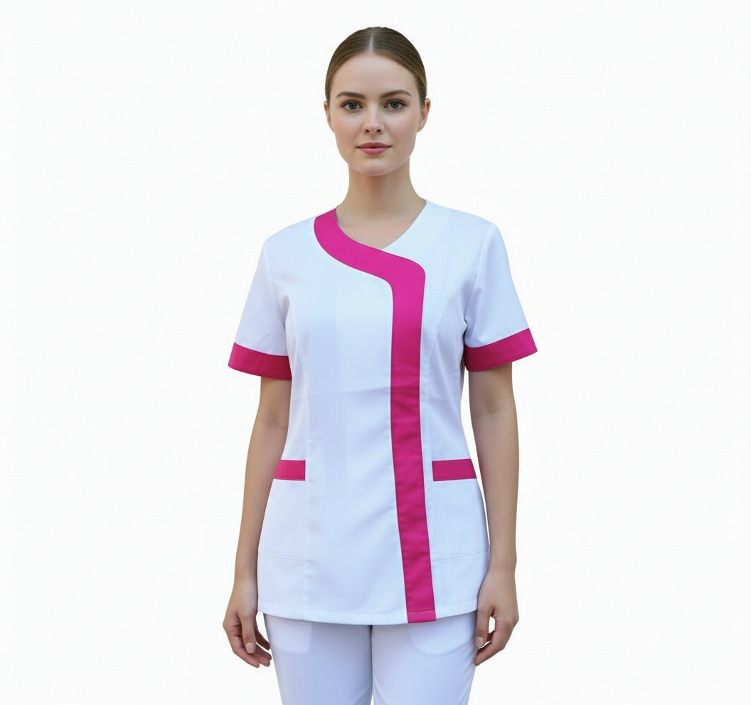 camice,casacca da lavoro donna,mod. beauty bianco inserto fuchsia Cod:290725