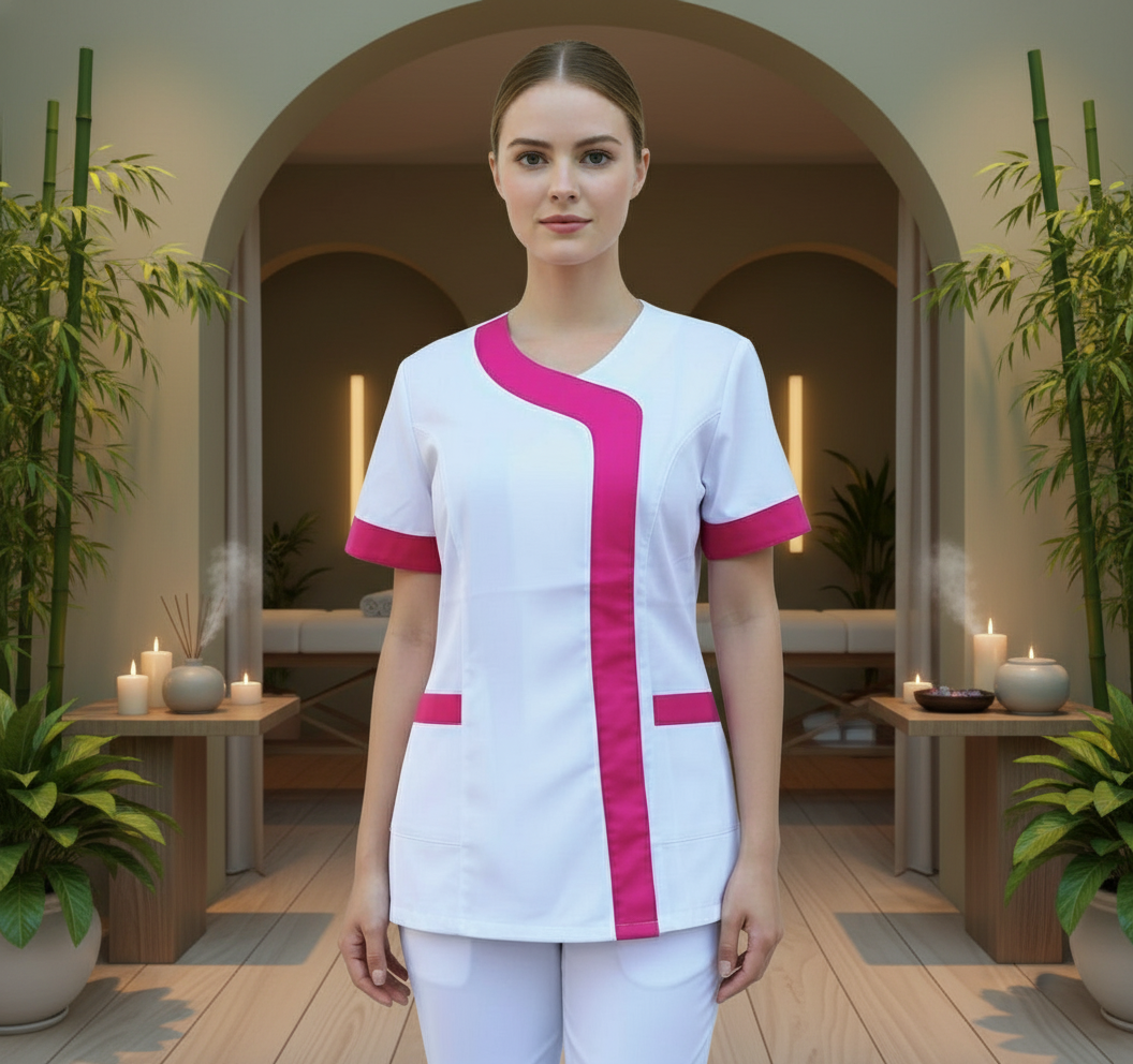 camice,casacca da lavoro donna,mod. beauty bianco inserto fuchsia Cod:290725