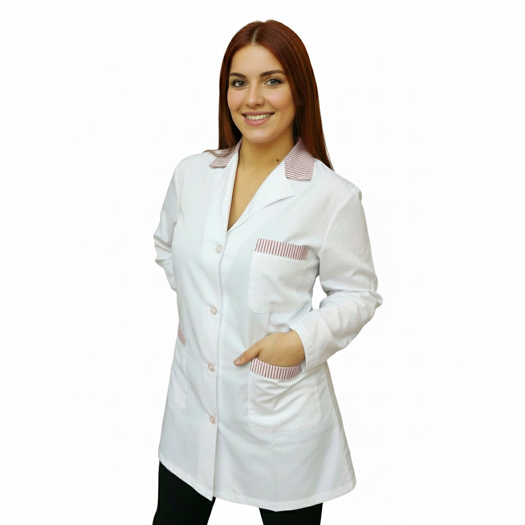 camice da lavoro,casacca donna bianco profilo rosso ML corto cod: 7234