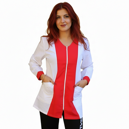 Casacca,camice da lavoro con zip, manica lunga bicolore "rosso" Cod:2206