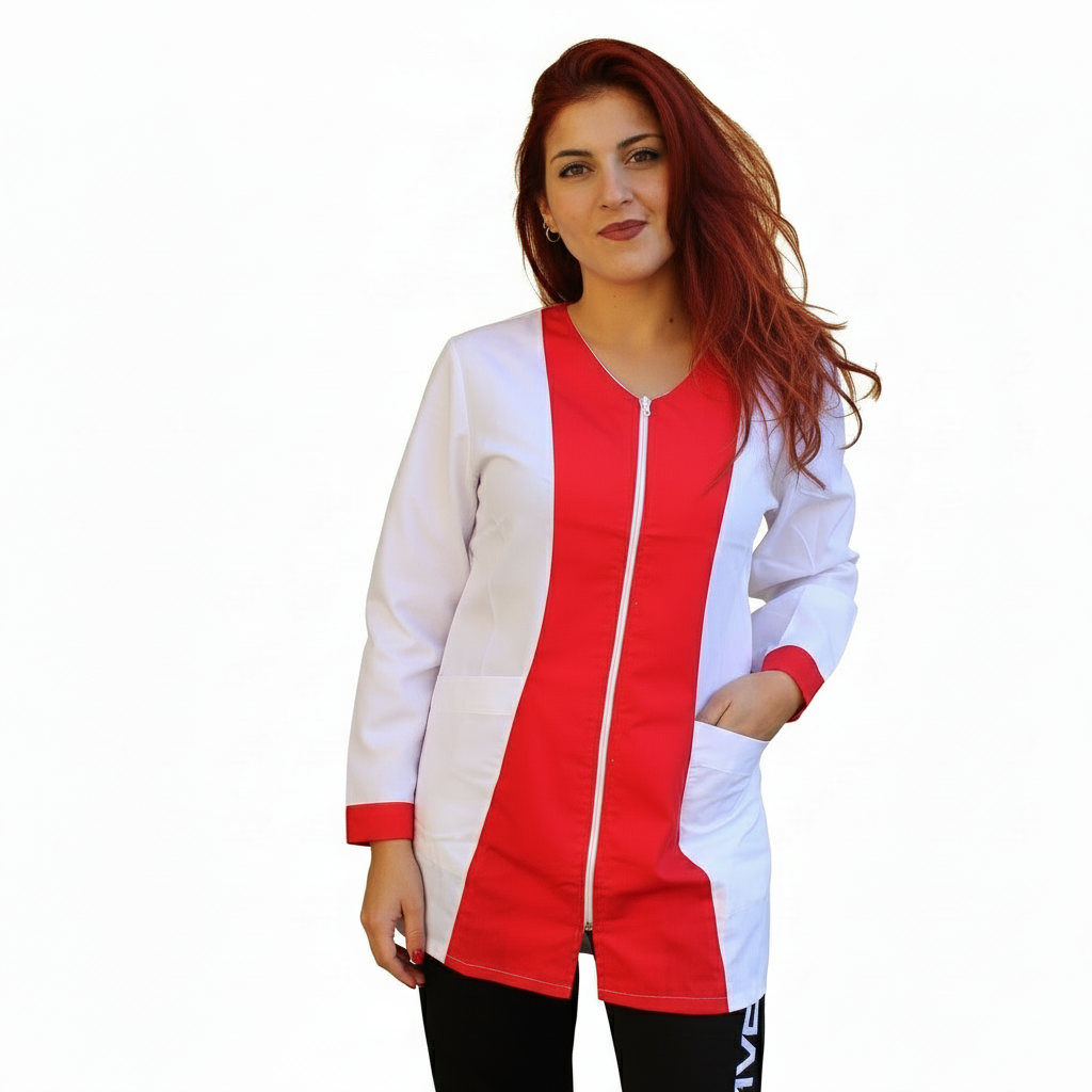 Casacca,camice da lavoro con zip, manica lunga bicolore "rosso" Cod:2206