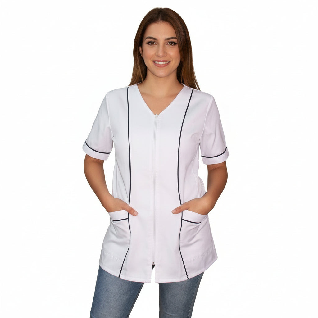 Casacca da lavoro donna zip bianco con profilo mod. Rosaria – COD: 7203