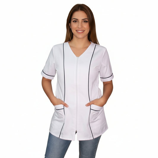 Casacca da lavoro donna zip bianco con profilo mod. Rosaria – COD: 7203