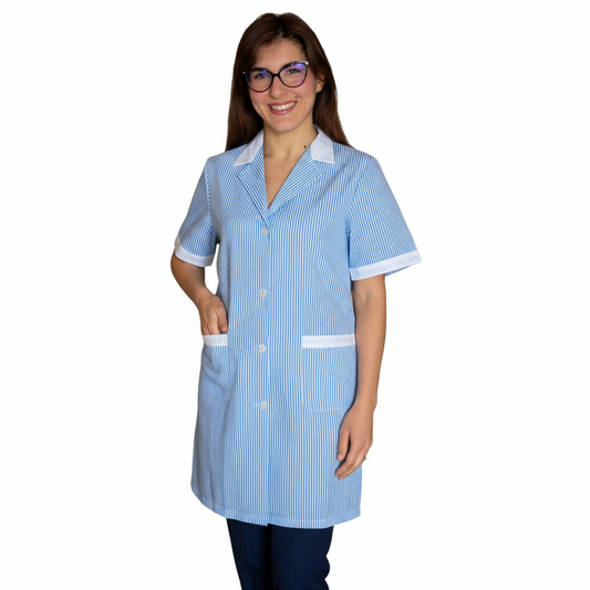 Camice da lavoro donna lungo rigo azzurro mezza manica – COD: 7197
