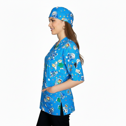 Casacca Divisa da Lavoro Azzurro Fumetto Scollo V Manica Corta + Bandana – COD: 1611