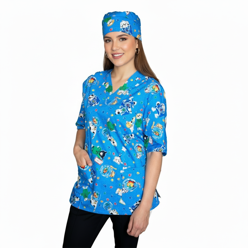Casacca Divisa da Lavoro Azzurro Fumetto Scollo V Manica Corta + Bandana – COD: 1611