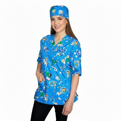 Casacca Divisa da Lavoro Azzurro Fumetto Scollo V Manica Corta + Bandana – COD: 1611