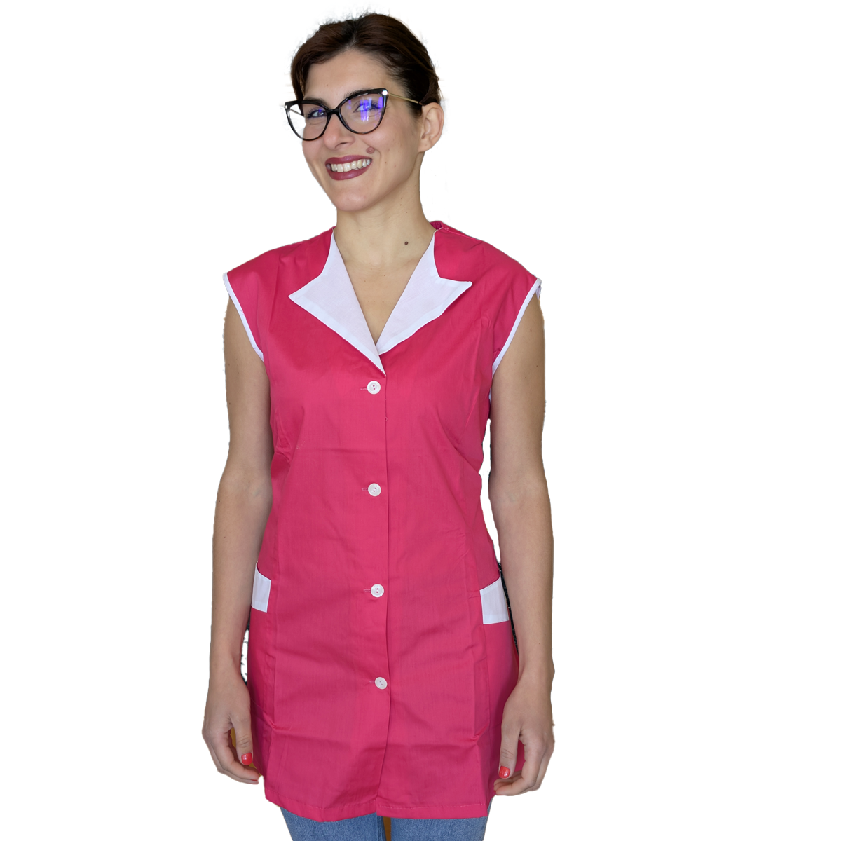 casacca,camice da lavoro giromanica, corto "fuxia con profilo"cod:7210