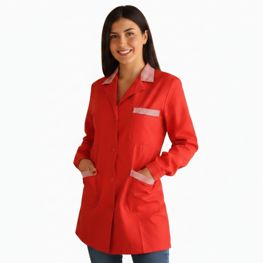 Camice Casacca da Lavoro Donna Rosso con Profilo Manica Lunga cod. 7562 – Made in Italy