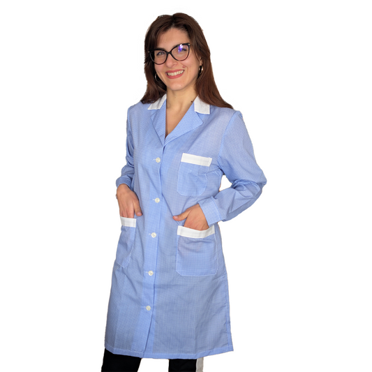 camice da lavoro donna,lungo quadretto azzurro ML cod: 200524