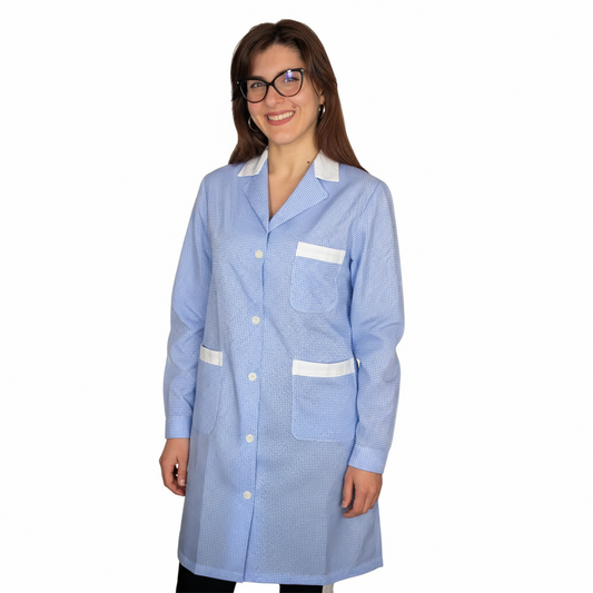 camice da lavoro donna,lungo quadretto azzurro ML cod: 200524