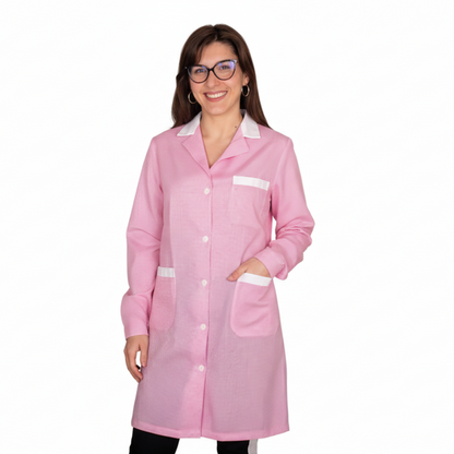 Camice da lavoro donna lungo quadretto rosa manica lunga – COD: 7456