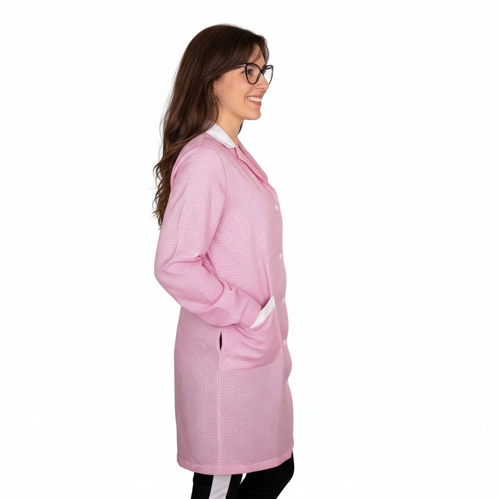 Camice da lavoro donna lungo quadretto rosa manica lunga – COD: 7456