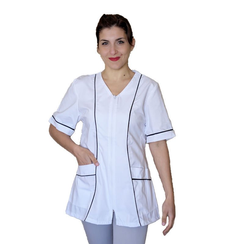 Camice da lavoro,casacca zip donna, bianco con profilo mod. "rosaria" COD: 7203