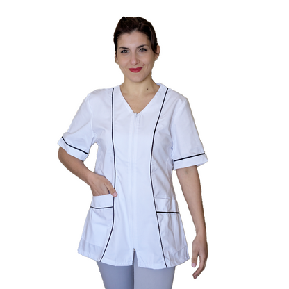 Camice da lavoro,casacca zip donna, bianco con profilo mod. "rosaria" COD: 7203