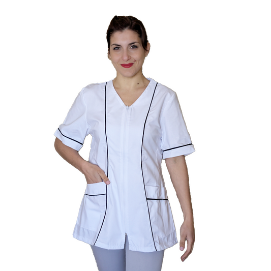 Camice da lavoro,casacca zip donna, bianco con profilo mod. "rosaria" COD: 7203