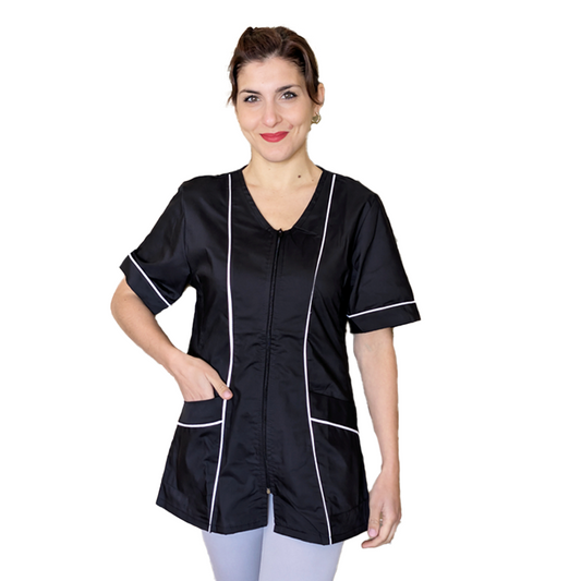 Camice da lavoro donna,con zip, nero inserto bianco modello "piera" Cod:2906