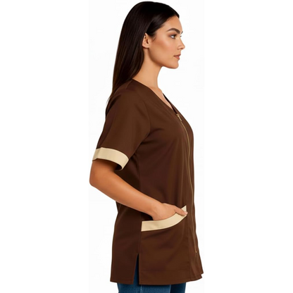 Casacca da Lavoro Donna Zip Marrone e Beige Mezza Manica – COD: 9633