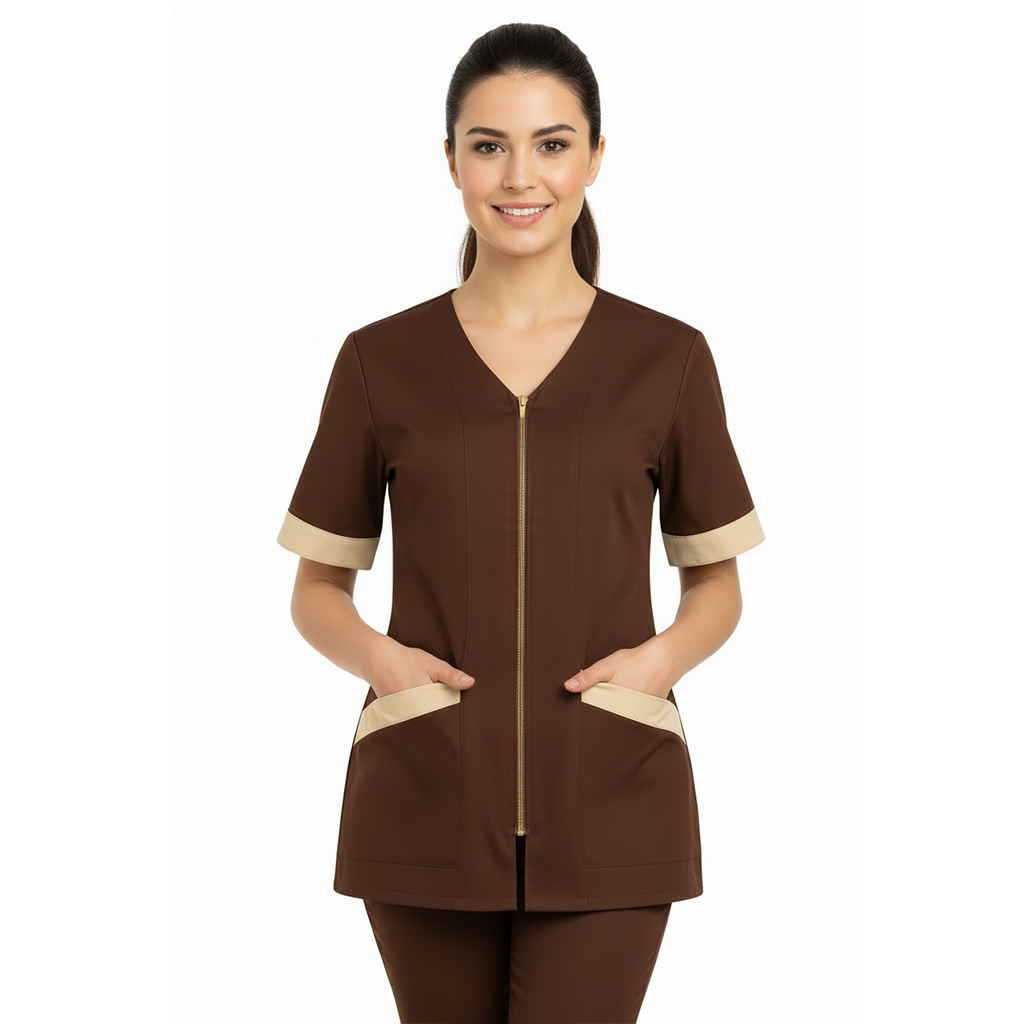 Casacca da Lavoro Donna Zip Marrone e Beige Mezza Manica – COD: 9633