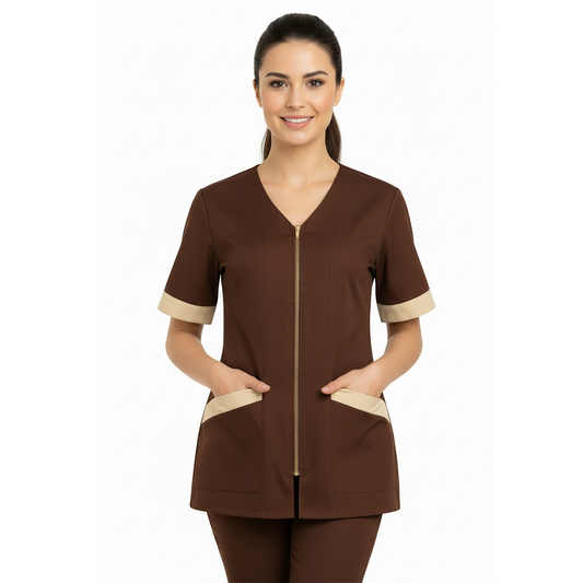 Casacca da Lavoro Donna Zip Marrone e Beige Mezza Manica – COD: 9633