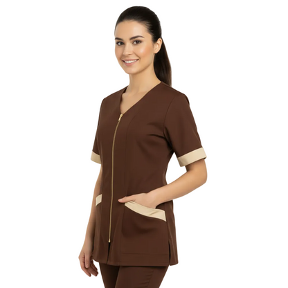 Casacca da Lavoro Donna Zip Marrone e Beige Mezza Manica – COD: 9633