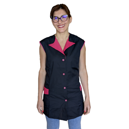 Casacca da lavoro,camice giromanica corto bottoni col. "NERO profilo fuchsia" cod: 1509