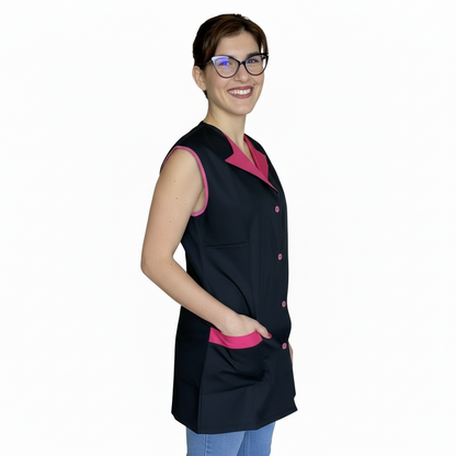 Casacca da Lavoro Donna Giromanica Corta Nera con Profilo Fuchsia – COD: 1509