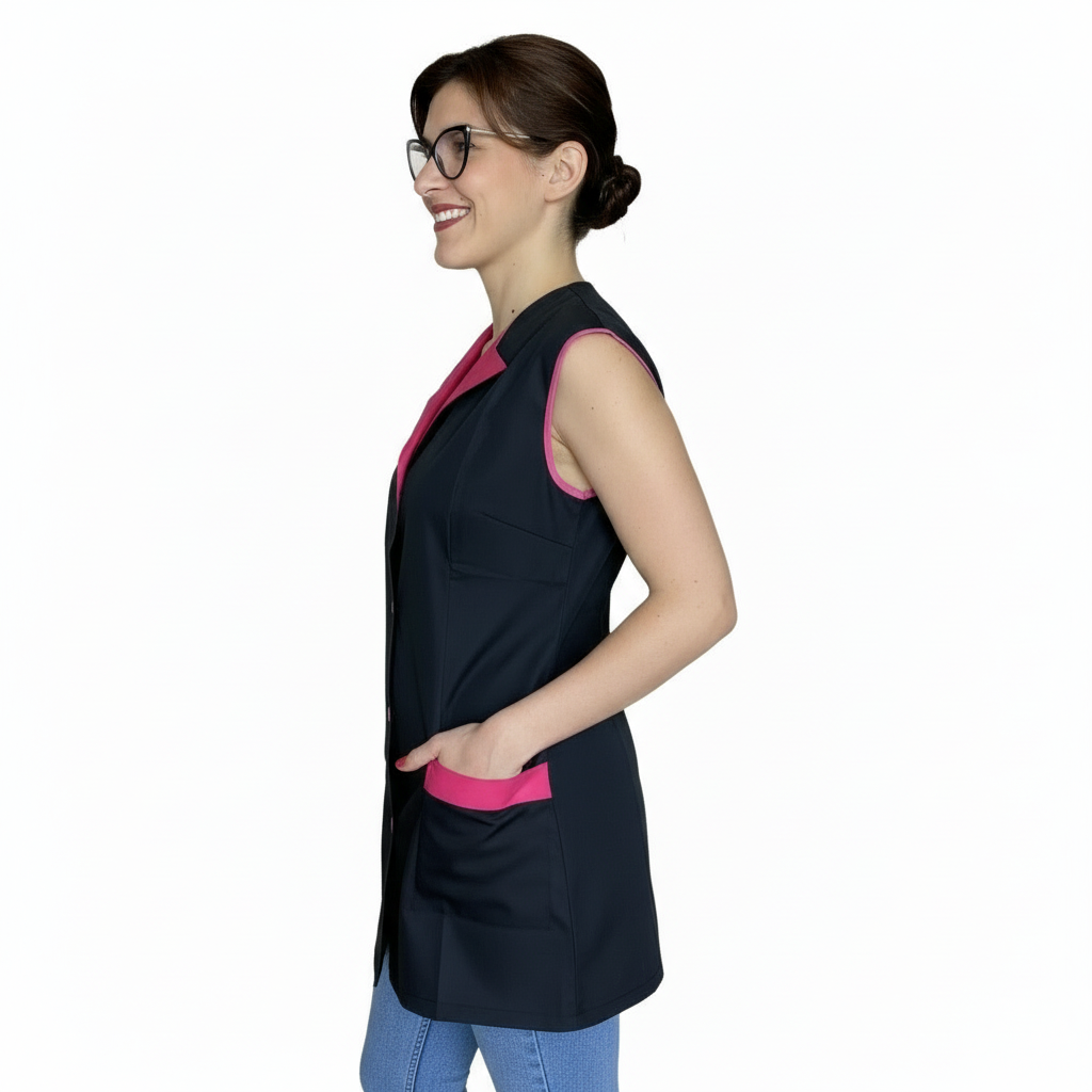 Casacca da Lavoro Donna Giromanica Corta Nera con Profilo Fuchsia – COD: 1509