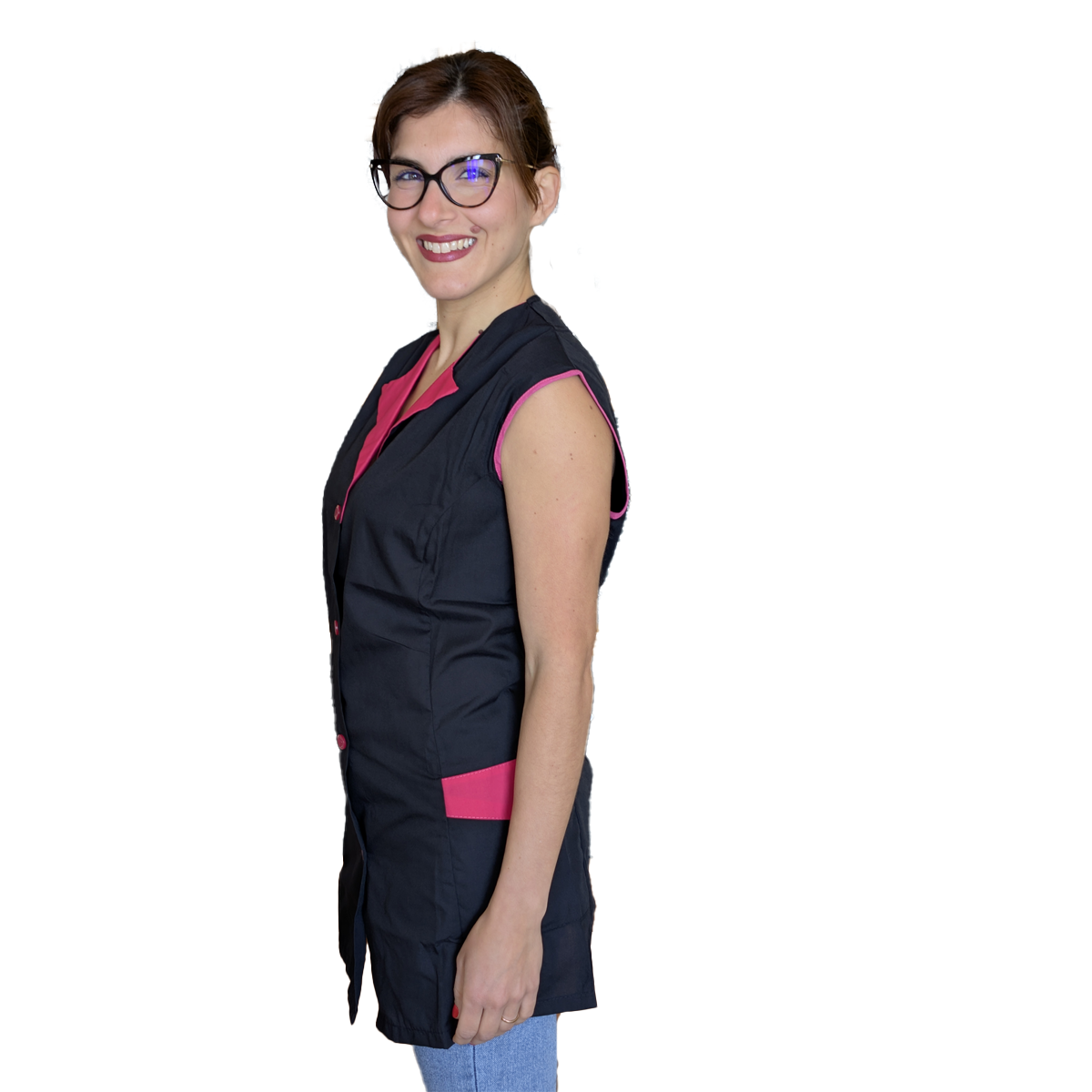 Casacca da lavoro,camice giromanica corto bottoni col. "NERO profilo fuchsia" cod: 1509